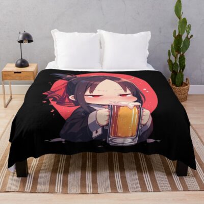 Kaguya Shinomiya Anime Girl Chibi Kawaii Beer Drunk Cute Red Moody Calm Throw Blanket