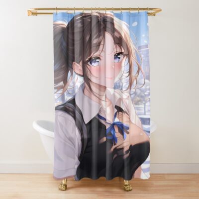 Miko Iino Kaguya Sama Love Is War Winter Snowfall City Street Blue Ribbon Shower Curtain