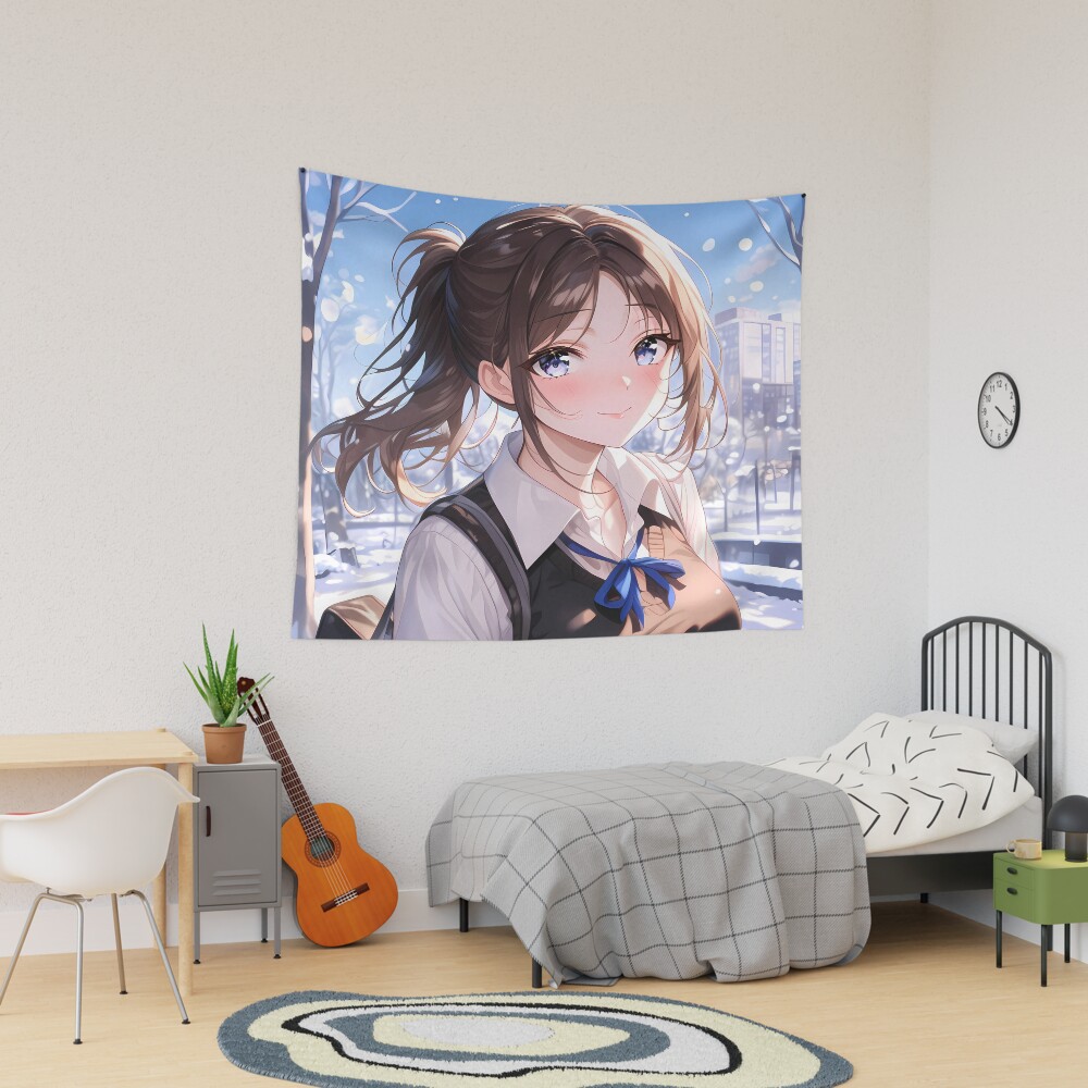 Miko Iino Kaguya Sama Love Is War Winter Snowfall City Street Blue Ribbon Tapestry