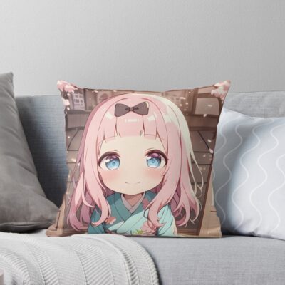 Chika Fujiwara Kaguya Sama Pastel Kimono Under Cherry Blossoms Throw Pillow
