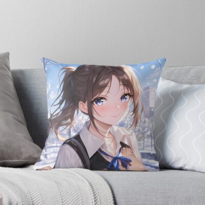 Miko Iino Kaguya Sama Love Is War Winter Snowfall City Street Blue Ribbon Throw Pillow